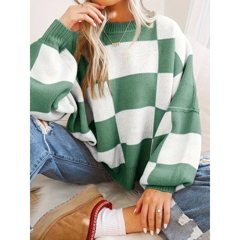 2025 Sweater New Contrasting Color Checkerboard Knitted Sweater Loose Lazy Wind Splicing Sweater in Autumn and Winter