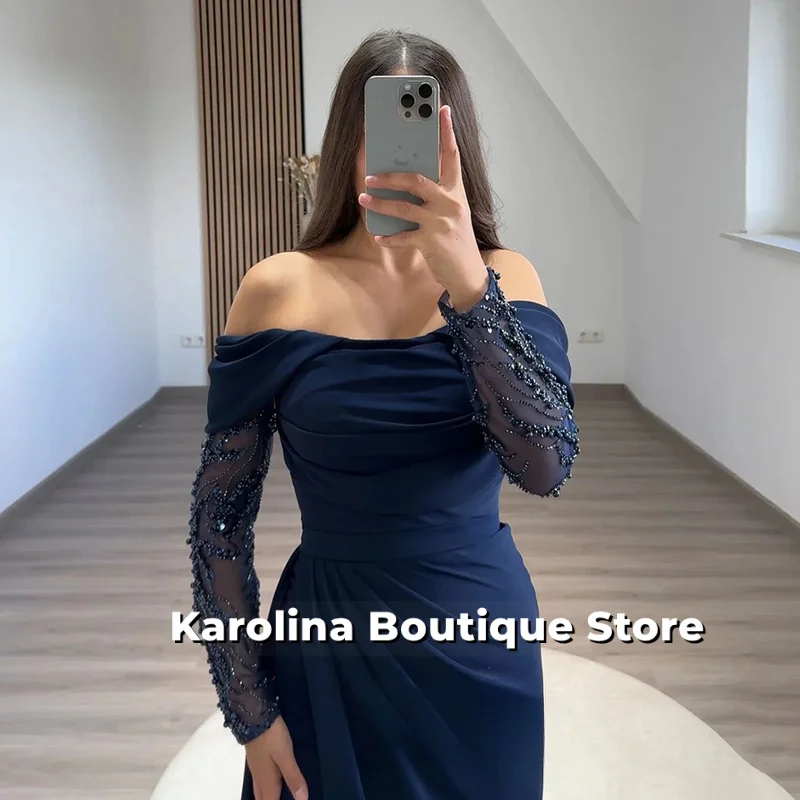 Navy Mermaid Evening Dress for Weddings Customized Long Sleeves Beading Ruched Sweep Train Formal Prom Gown Robe De Soiree