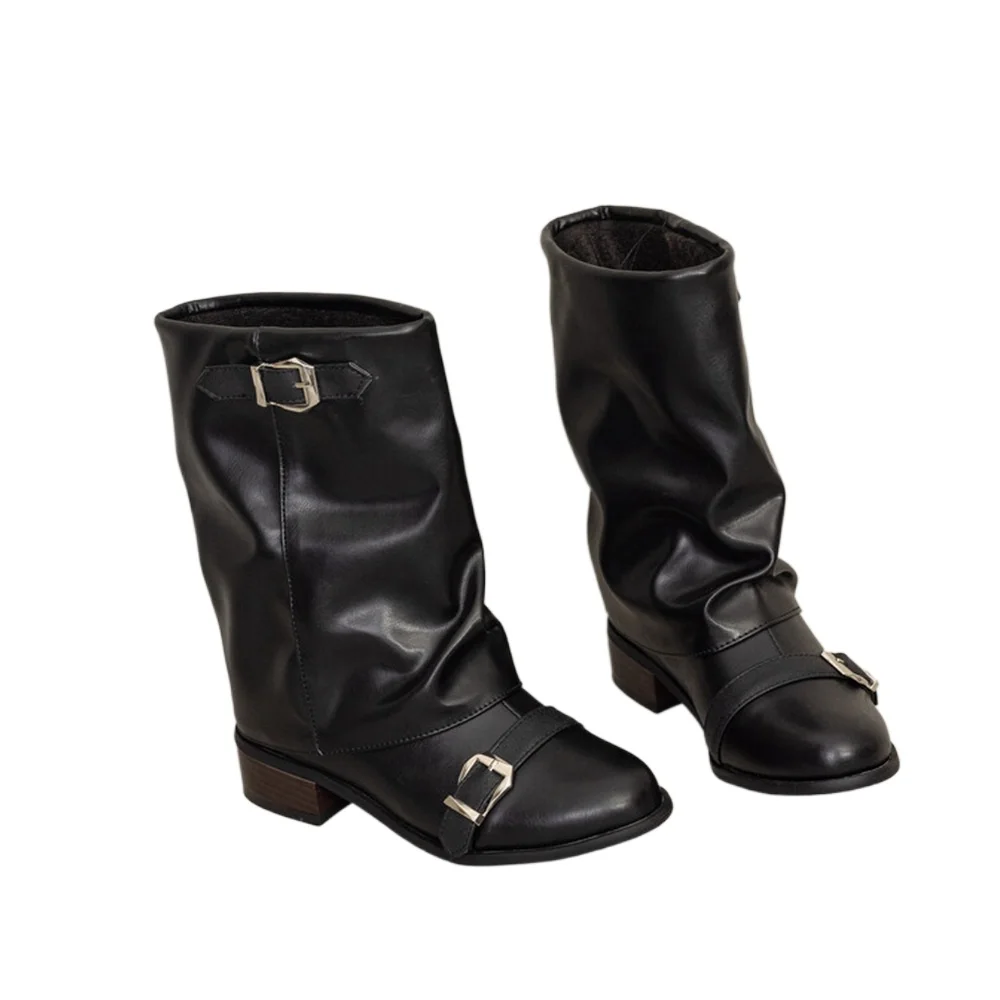 الموضة الرجعية النمط الغربي الخريف الشتاء أحذية بوت قصيرة منخفضة كعب سميك النساء الأحذية منتصف العجل مطوي كومة الأحذية حجم كبير 47 777-3 #4