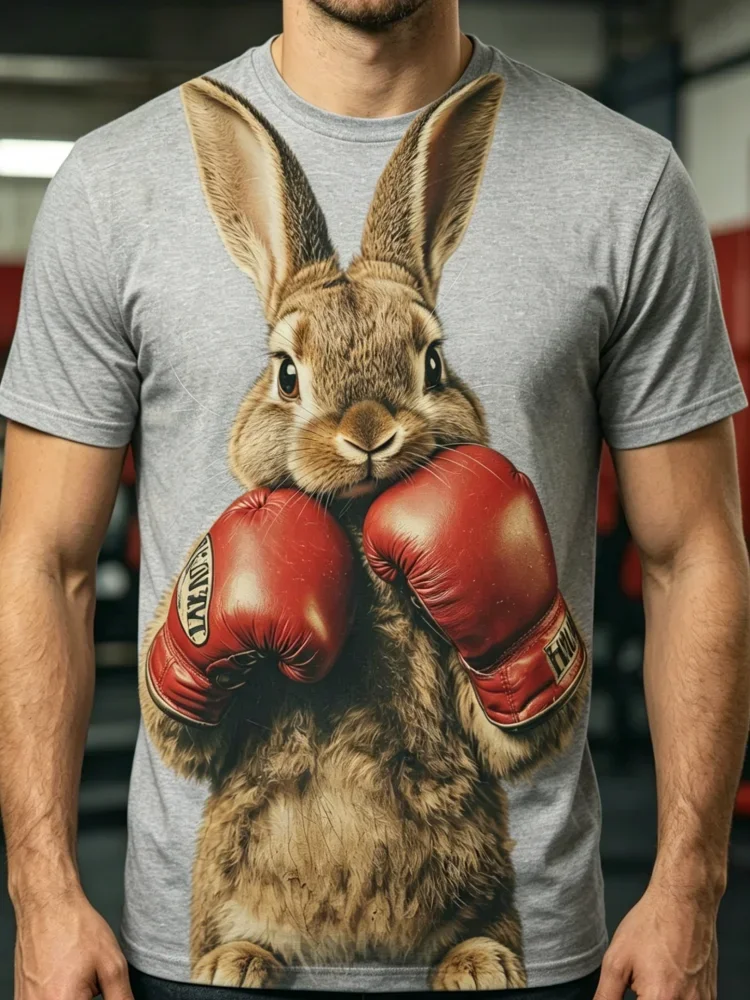 3D Boxing Rabbit Print Men's T-shirt Funny Bunny Graphic T Shirt for Men Animal Tee Trend Street Man Clothes Summer Sports Tops - view 2