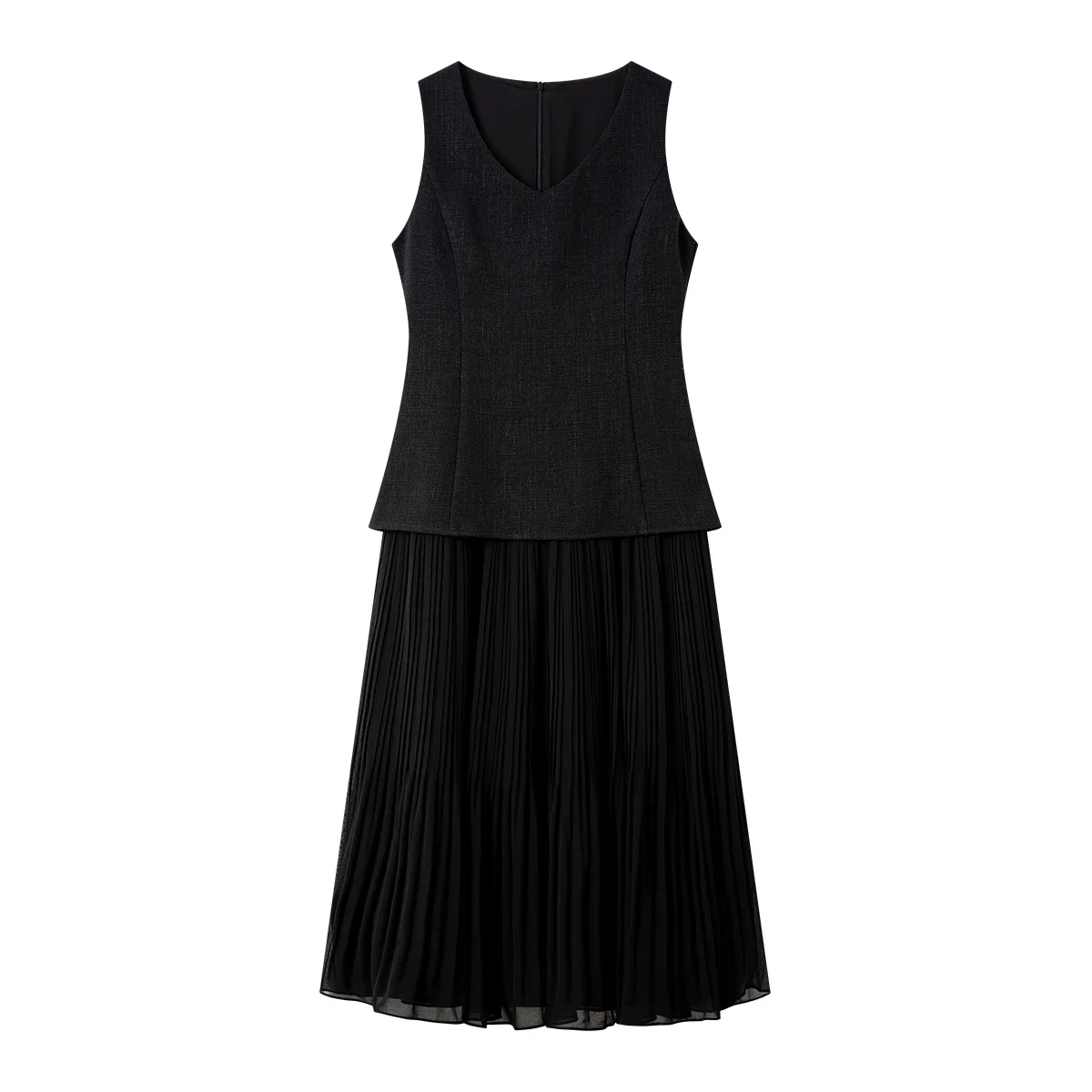 VIMLY Black Sleeveless Dress for Women 2026 Autumn Splice Design Chiffon Long Dress Elegant Office Lady Fashion Clothing A3803