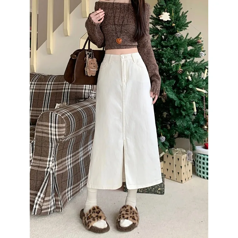 

Korea Dongdaemun High Quality Clothing Low Waist Midi A-Line Denim Skirt Women's Baggy Length Open-Front Trendy Skirts Y2K
