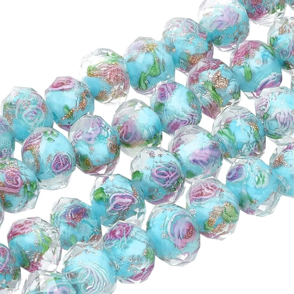 

60pcs 9~10mm Blue Rose Lampwork Beads Gold Sand Glass Beads Flower Glass Beads 1.5~2mm Hole Floral Handmade Lampwork