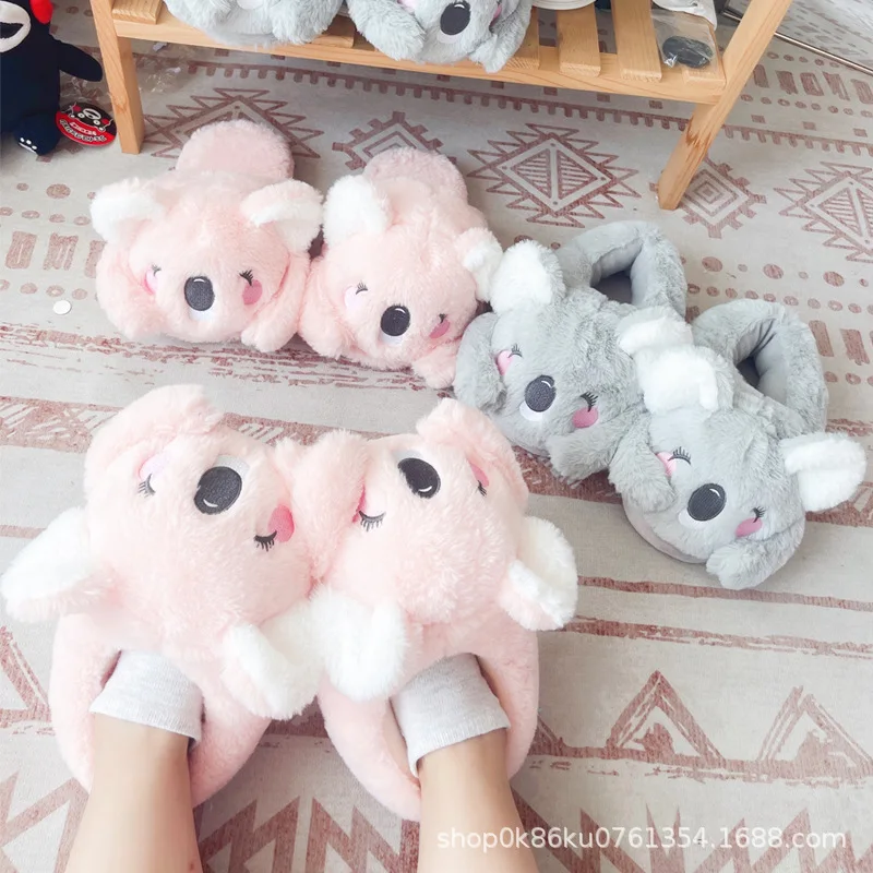

Winter Women Solid Color Plush Warm Cotton Shoes Women Non Slip Adult Home Cute Cartoon Koala Bunny Heel Wrap Cotton Slippers