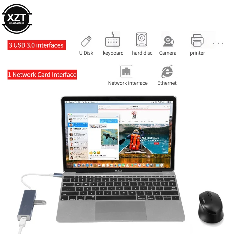USB 3.1 Type C to 3-Port USB 3.0 Hub Docking Station with RJ45 10/100/1000 Gigabit Ethernet Network Adapter LAN Wired Converter