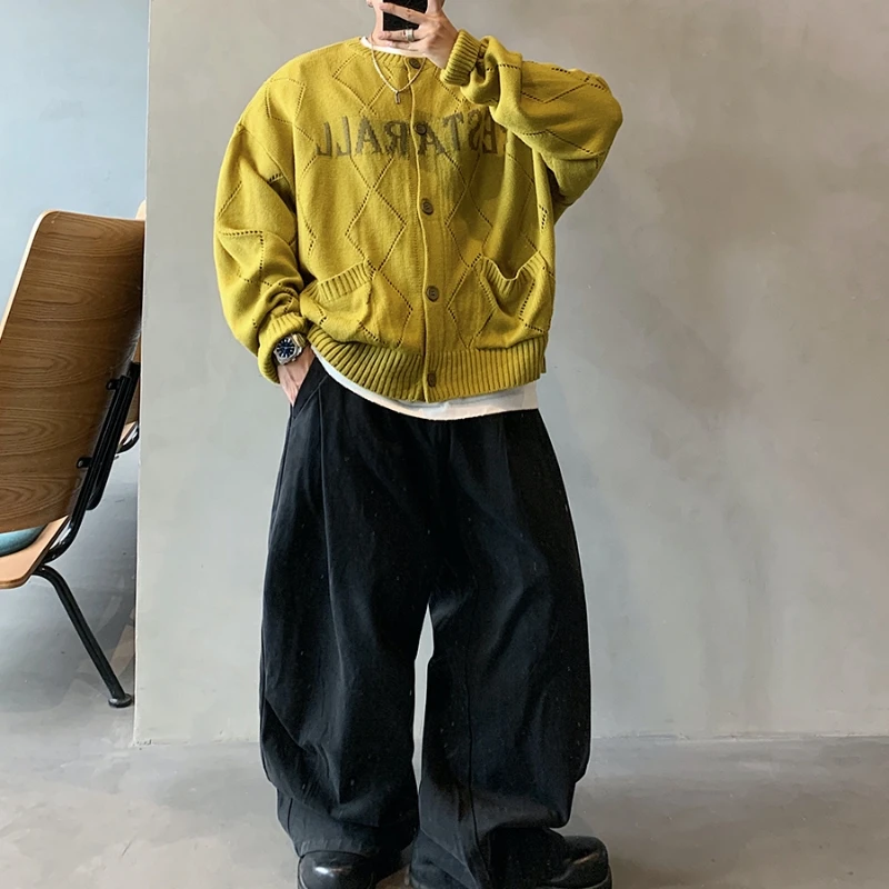 Korean Style Hip Hop Oversized Quilted Knitwear Cardigan For Men Women Streetwear Loose Fall Trendy Fashionable Sweater Coat