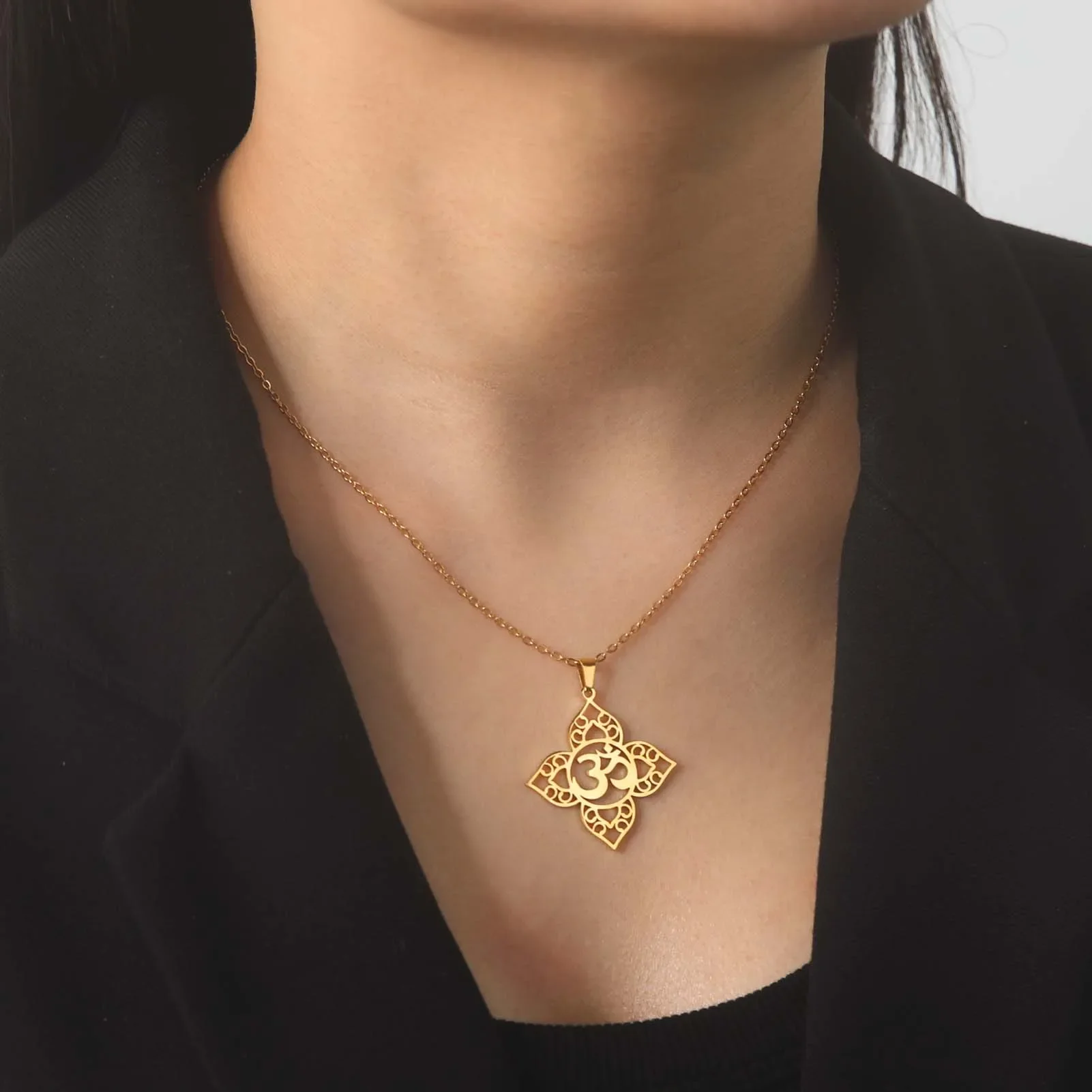 Skyrim Yoga Om Lotus Pendant Necklace Stainless Steel Gold Color Neck Chain Buddhism Mandala Amulet Jewelry Gift for Women New