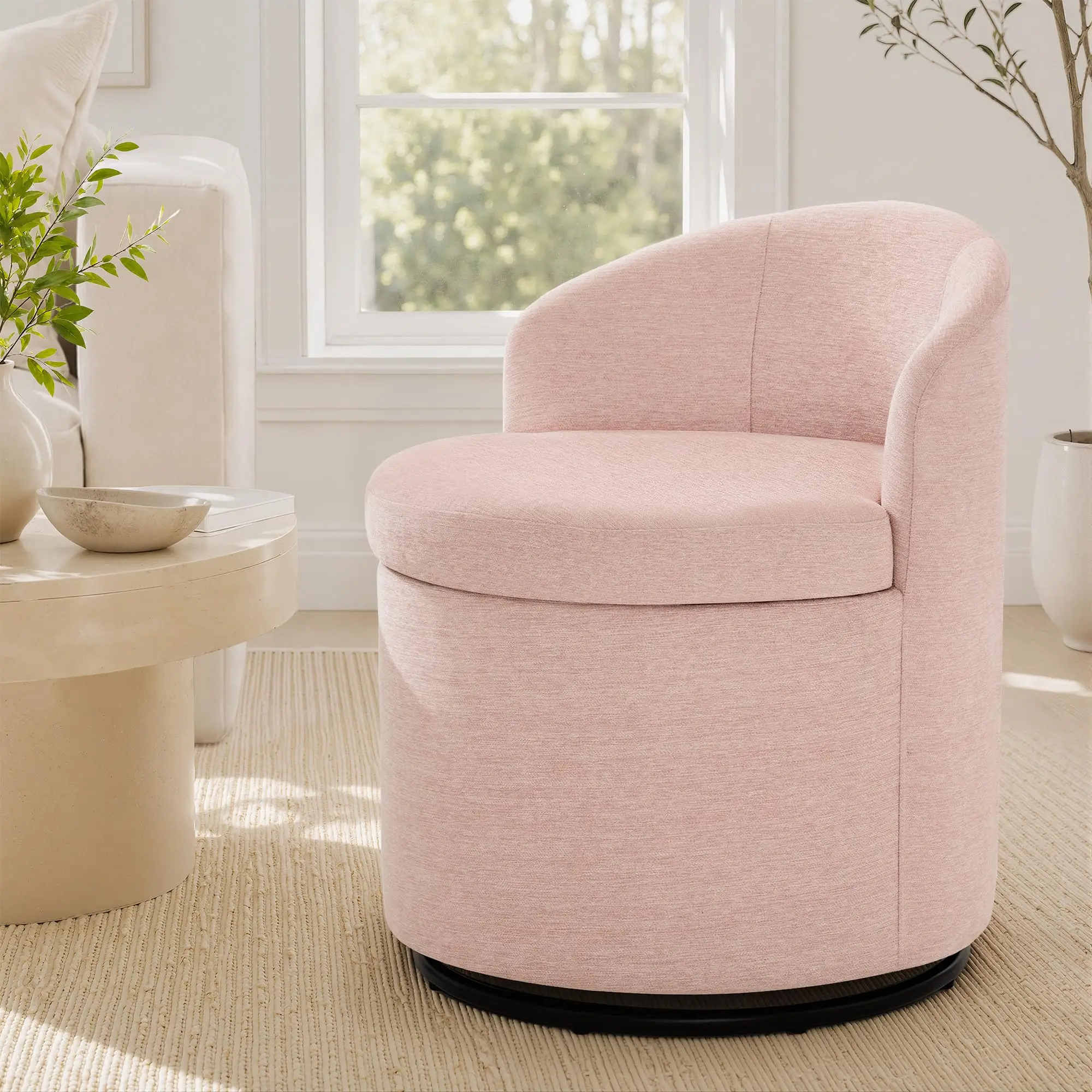 Vanity Stool Chair with Storage, 360° Swivel Chenille Makeup Stool with Backrest, No Assembly 38.6L Capacity Storage Ottoman
