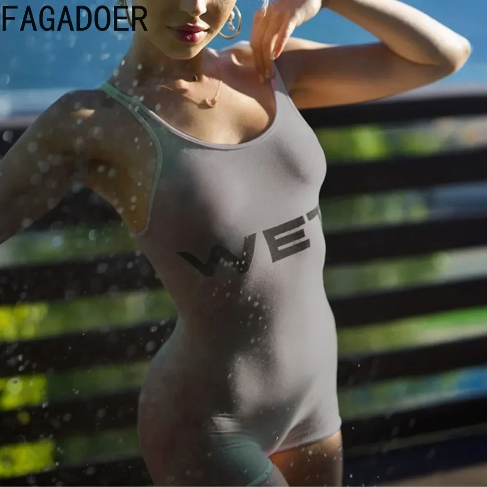 FAGADOER Letter Print Sexy One Pieces Romper Women Solid white sporty Bodycon Jumpsuit Female Hot Girl y2k Streetwear Clothing