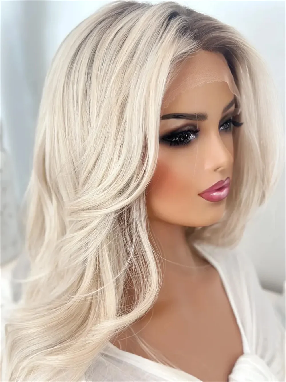Realistic Creamy blonde loose wave Wig Mixed Brown roots Heat Resistant Lace Front Wig Synthetic Fibres %5 Blend Human Hair