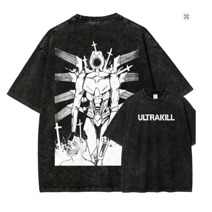 Ultrakill Shooting Game T-shirt for Men's Clothing Vintage Y2k Washed Oversized T Shirt Short Sleeve 100% Cotton Tees Top