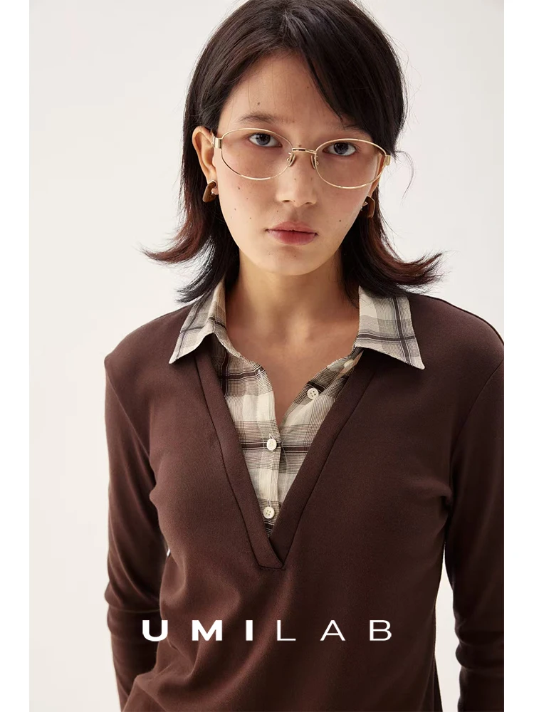 

UMILAB lectual Faion Long Sve T-irt Combed Cotton 00 Flax irt Collar Patchwork Slim Fit Women's Casual Top