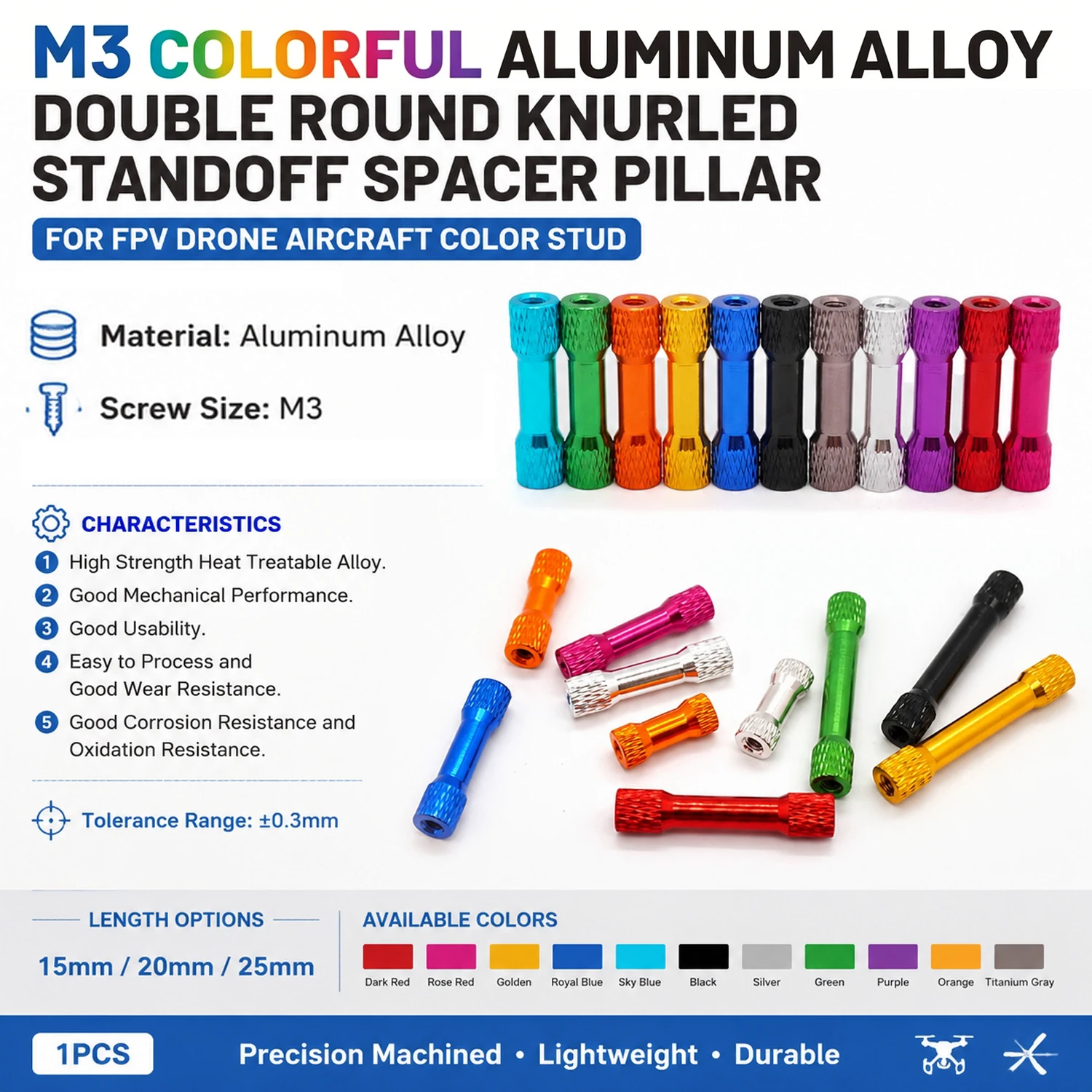 Double Round Knurled Colorfu Aluminum Standoff Spacer Pillar M3*15/20/25mm for RC FPV Drone Aircraft Color Through-Hole Stud DIY