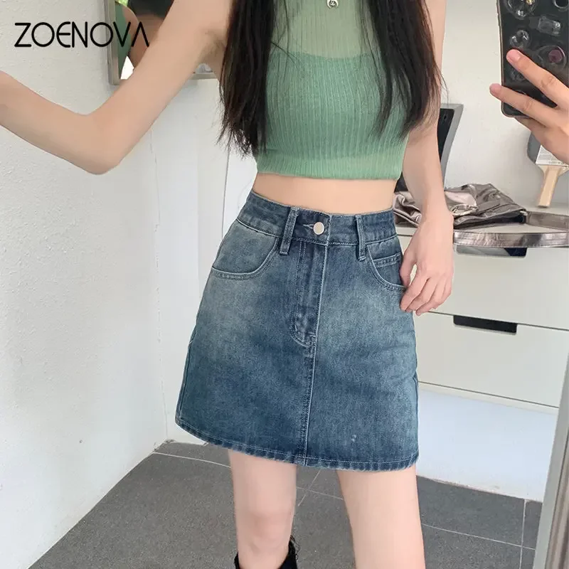 

ZOENOVA Women's A Word Short New High Waist Hot Girl Summer Sexy Clubwear Fashion Slim Fit Versatile Casual Pocket Denim Skirt