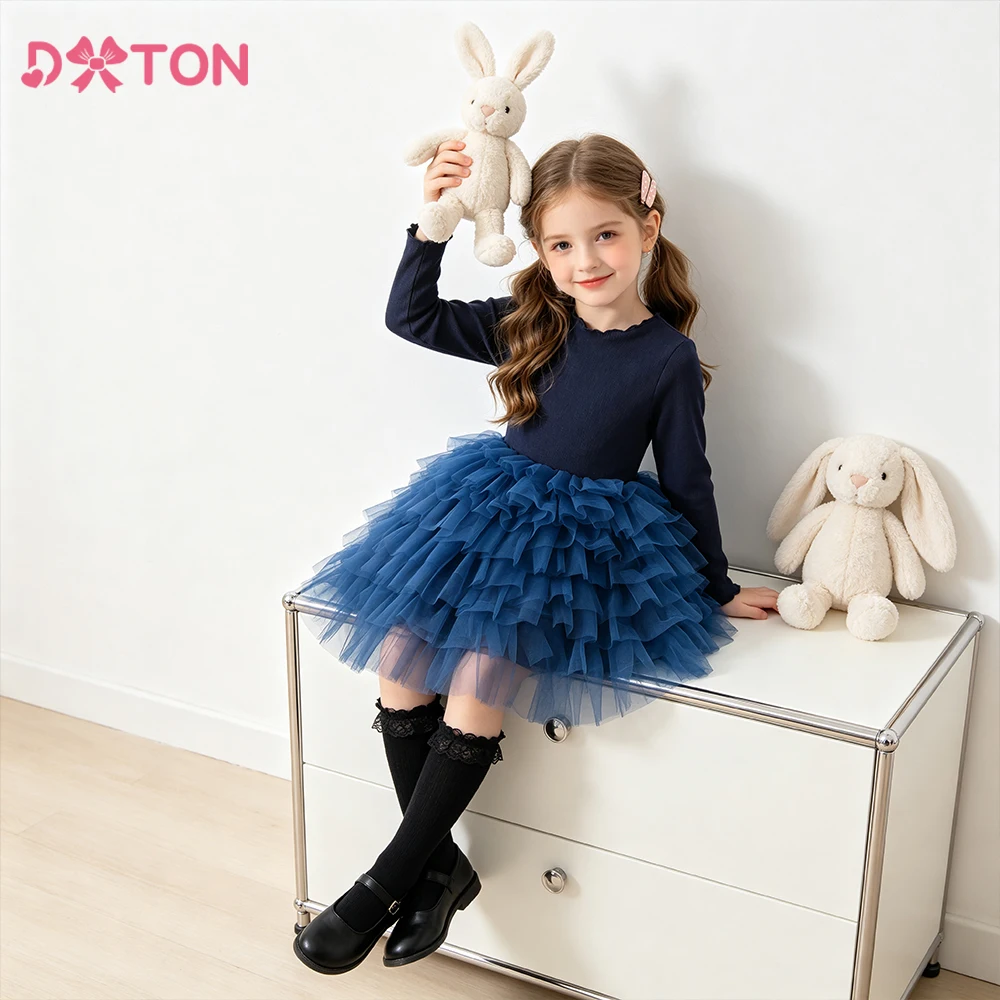 DXTON Kids Navy Blue Princess Party Dresses Gown Flower Girl Costume Children Daily Elegant Dress Family Gathering Toddler Wear