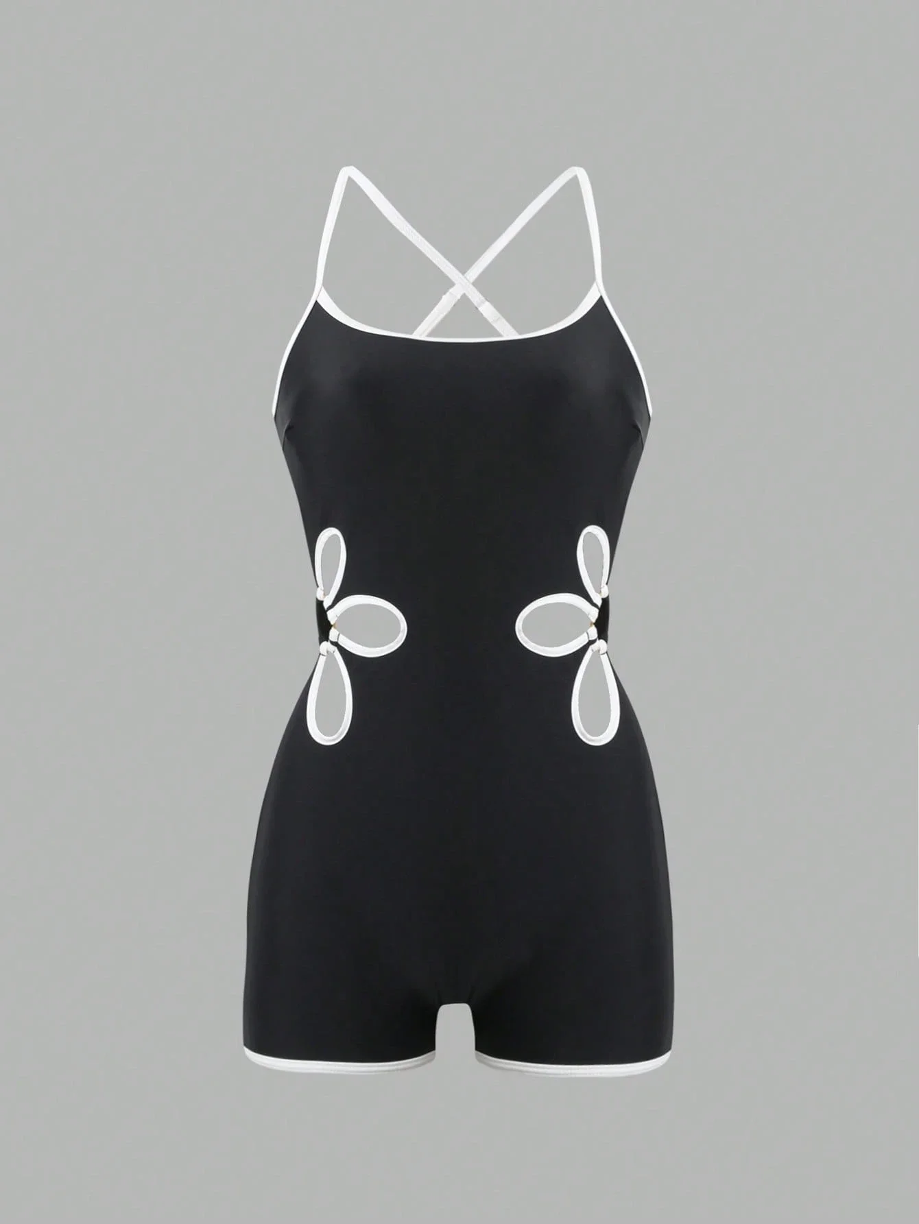 

Black White One Piece Swimsuit With Floral Cutouts Crisscross Back Adjustable Straps