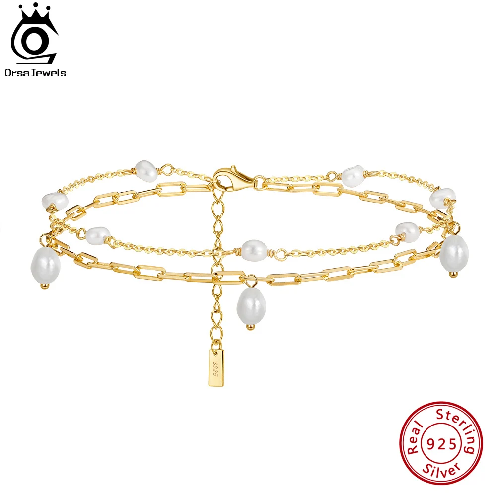 

ORSA JEWELS Genuine 925 Sterling Silver Pearls Layered Chain Anklet for Women Girls Summer Beach Foot Ankle Straps Jewelry SA51