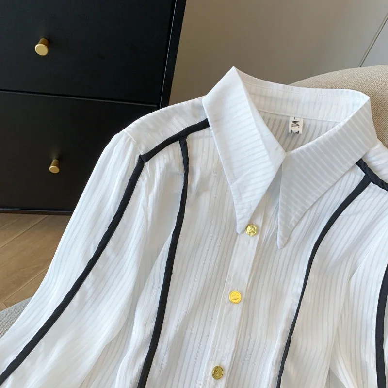 بلوزة شيفون عتيقة للنساء ، أكمام طويلة ، بلوزة فضفاضة ، ملابس مرقعة ، قمصان أحادية اللون ، طراز كوري ، جديد ، صيف #4