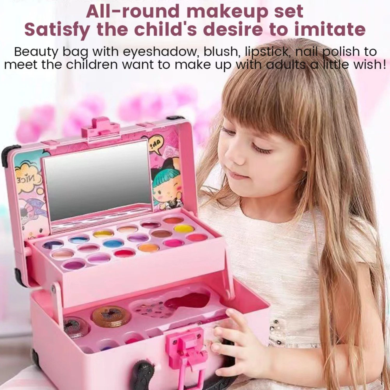 Set cosmetico lavabile Kit per trucco per ragazze per bambini Pieghevole per giocare Vanity Makeup Toy Palette Box con rossetto a specchio per ragazze