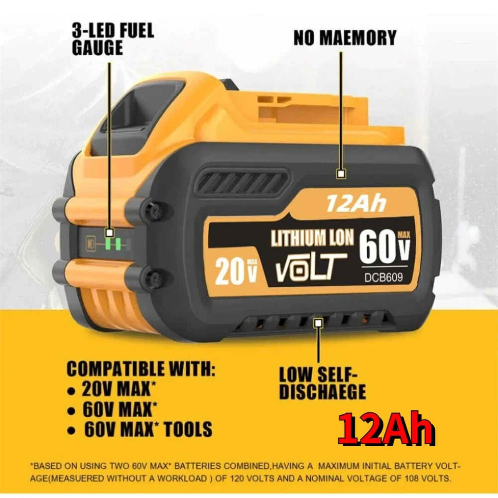 

12Ah For DEWALT 20V/60V MAX Compatible DCB609 DCB547-XJ DCB200 DCB201 DCB609 DCB182,DCB204 Battery for Flexvolt 60v Max Battery