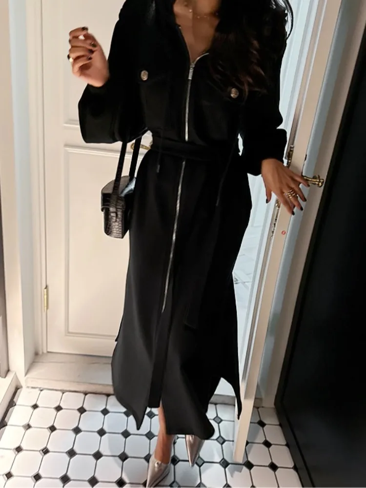 

Ele Double ket Hooded Sweatirt Dr Women's Loose Side Slit Long Skirt Autumn New Sle Comfortable Casual Dr