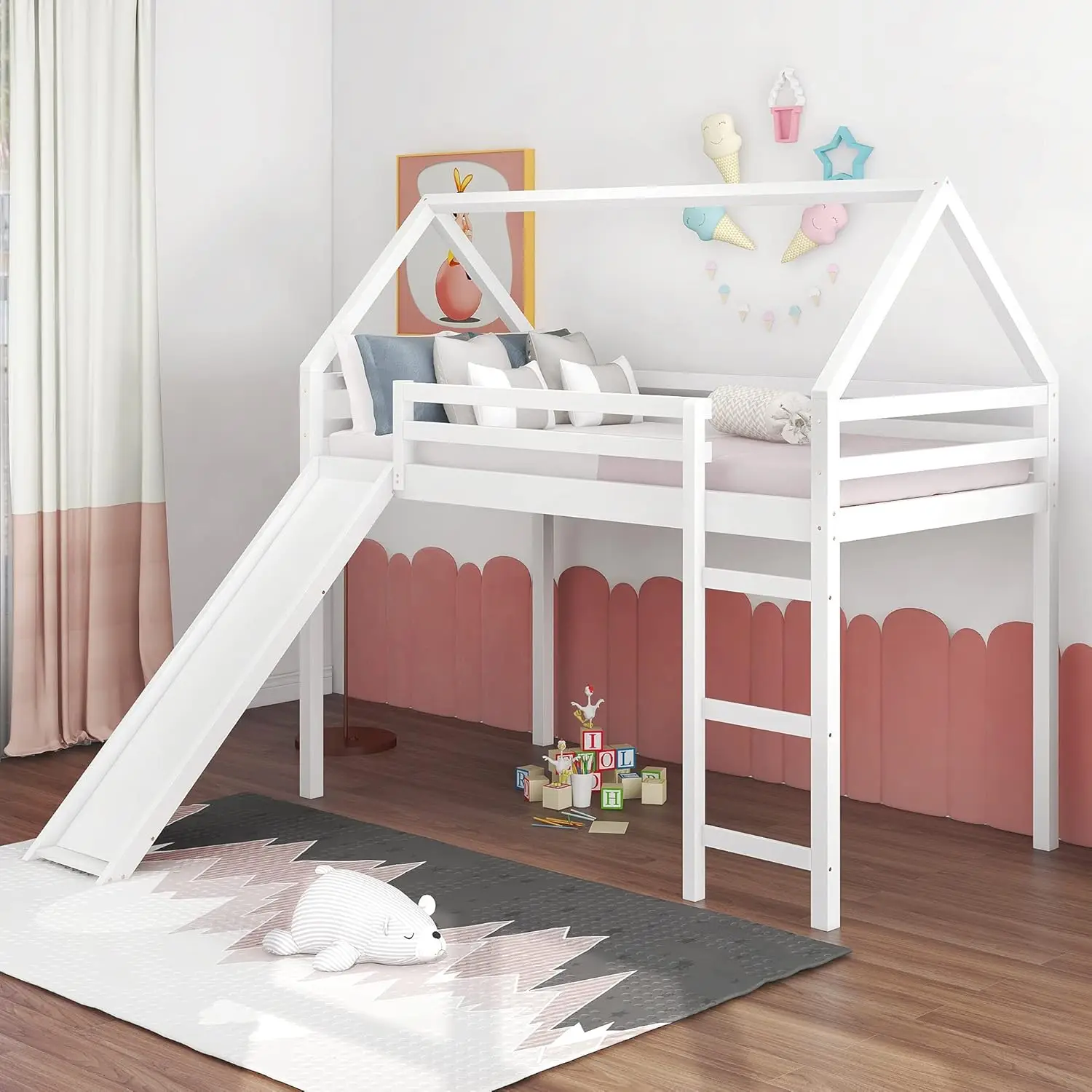 Lostcat Twin Loft Bed With Slide, House Loft Bed With Slide, Rama łóżka dziecięcego z litego drewna sosnowego z poręczą bezpieczeństwa i drabiną, bez pudełka