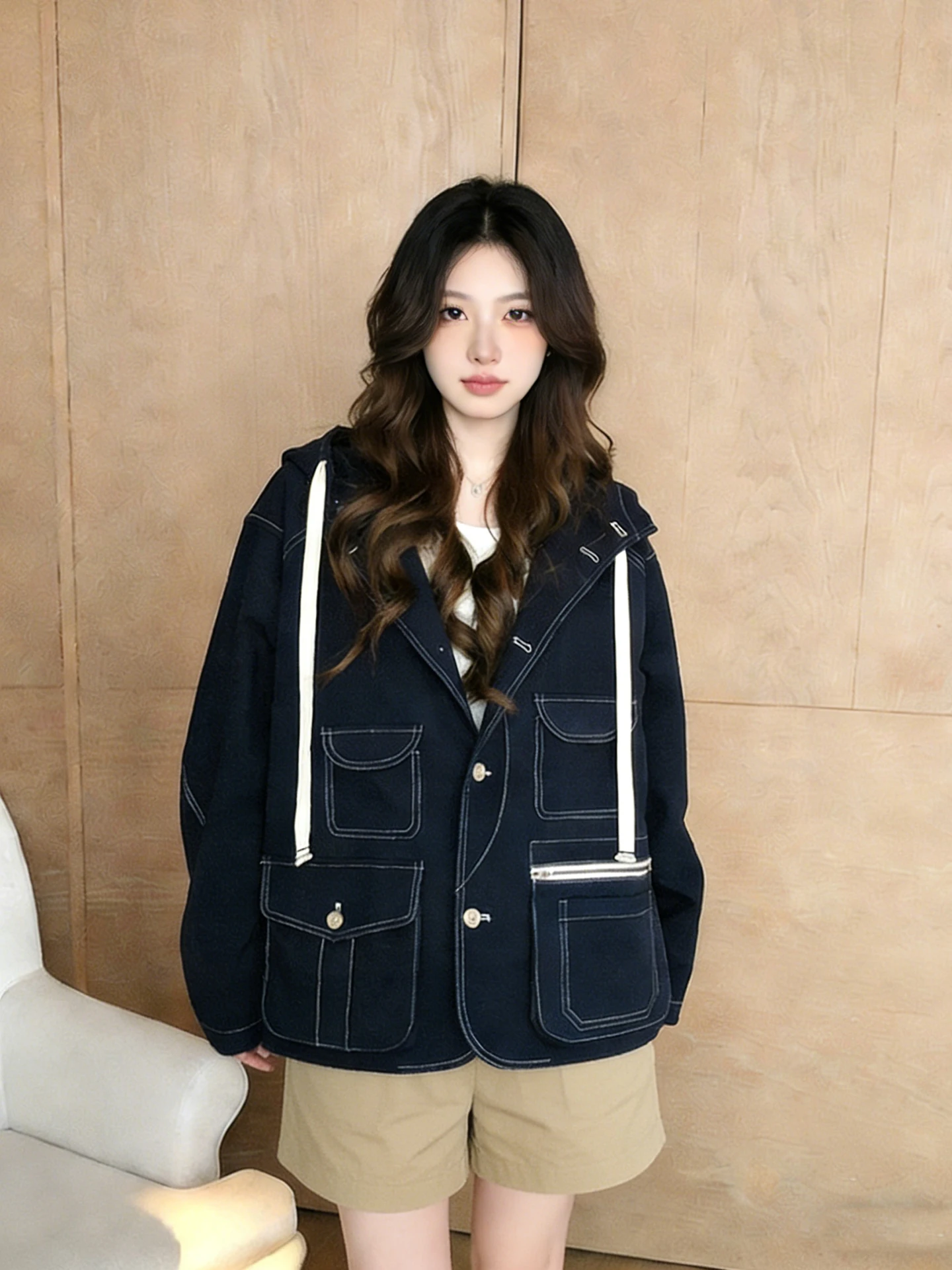 

Korean Design Striped Splicing Denim Jaet Women's Loose Casual Hooded Jaet Spring New Sle Casual Daily Top