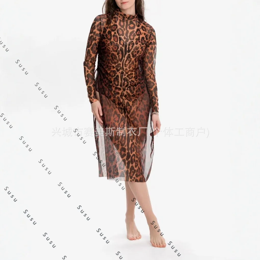 

New Купальник Leopard Point One-piece Swimsuit Two-piece Sun Protection Long Sleeve Mesh Skirt Russian Swimsuit