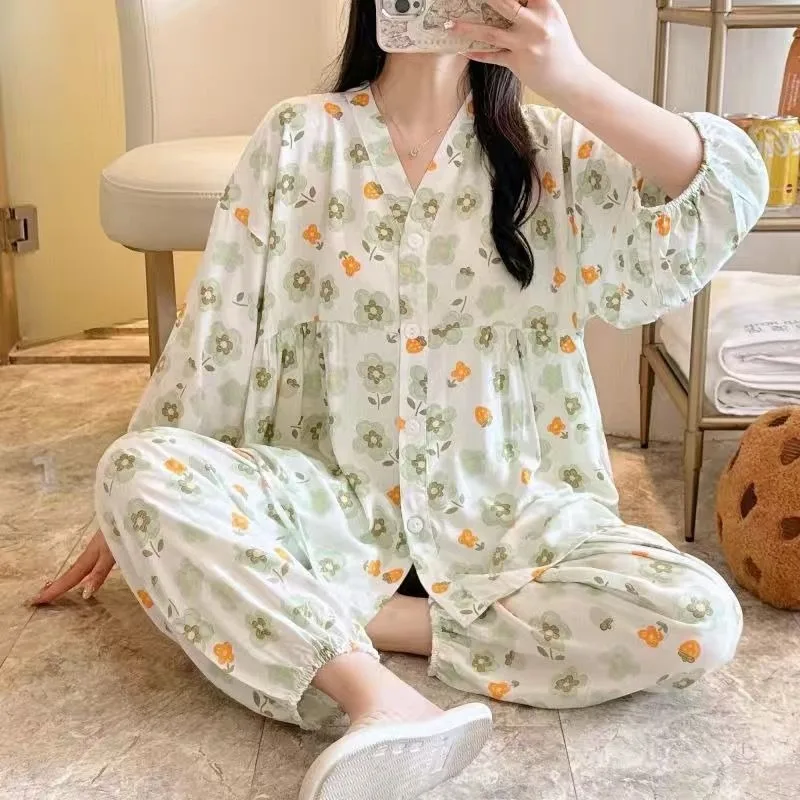 Extra Size 300 Catties New Pajamas Set Female Spring and Summer Floral Cardigan Home Dress Sweet Can Wear Seven Points Sleeve