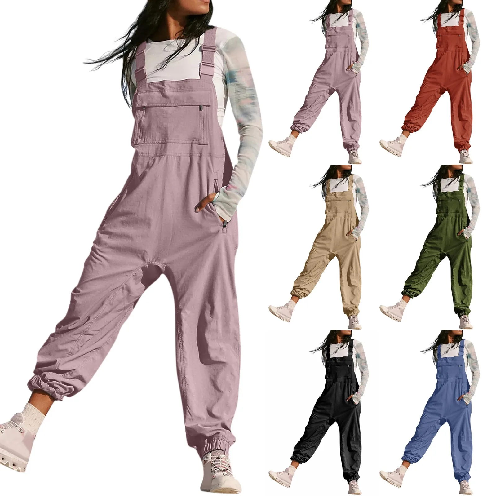 Classic Solid Color Women\'s Sleeveless Overalls Jumpsuit Casual Loose Adjustable Straps Bib Long Pant Jumpsuits With Pockets