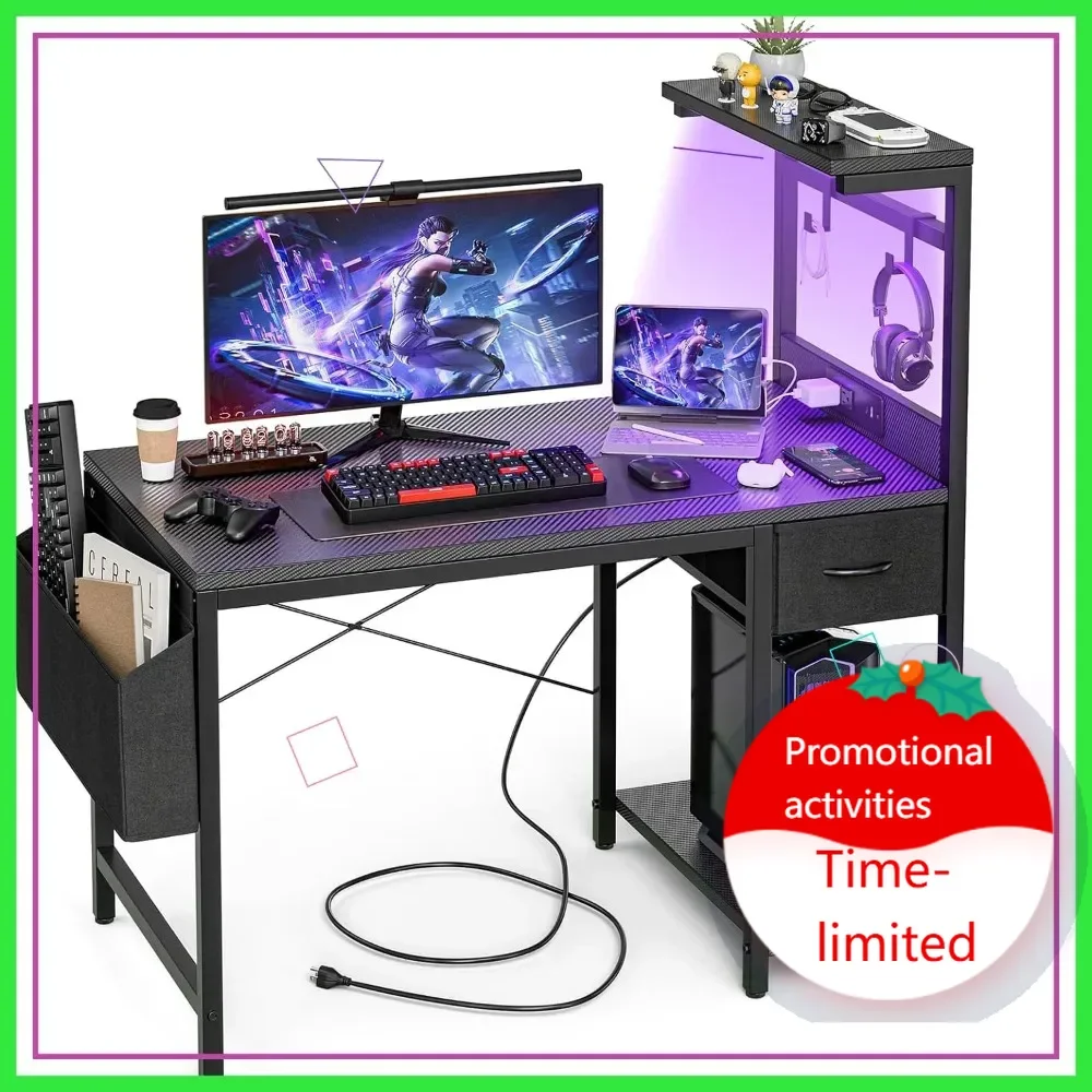 

Hot sales47 Inch Gaming Desk with LED Lights, Power Outlet, Shelves & Drawer - Carbon Fiber Black Home Office Table