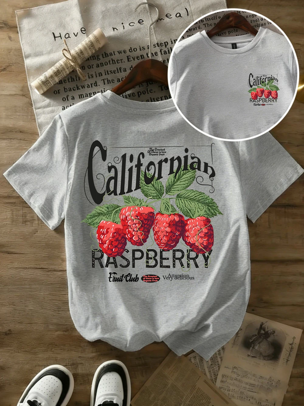 T-Shirts mit kalifornischem Himbeer-Print, Damen-T-Shirt aus Baumwolle, Sommer-Kurzarm-T-Shirt, bequemes, übergroßes Oberteil mit O-Ausschnitt, weiche Basic-T-Shirts