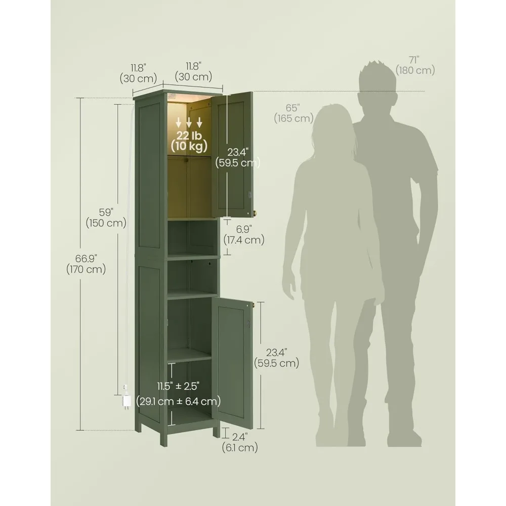 Illuminated Tall Bathroom Storage Cabinet with Adjustable Shelves for Compact Spaces