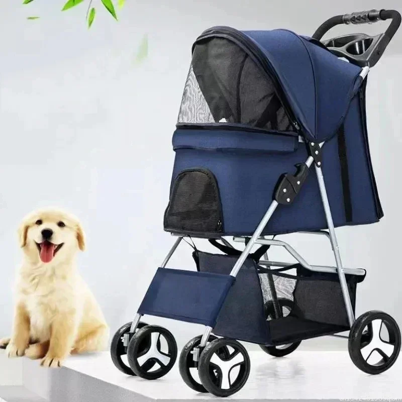 Portable Foldable Pet Cart Cat Dog Four Wheeled Cart Pet Outing Cart Single Handed Delivery with Sunroof