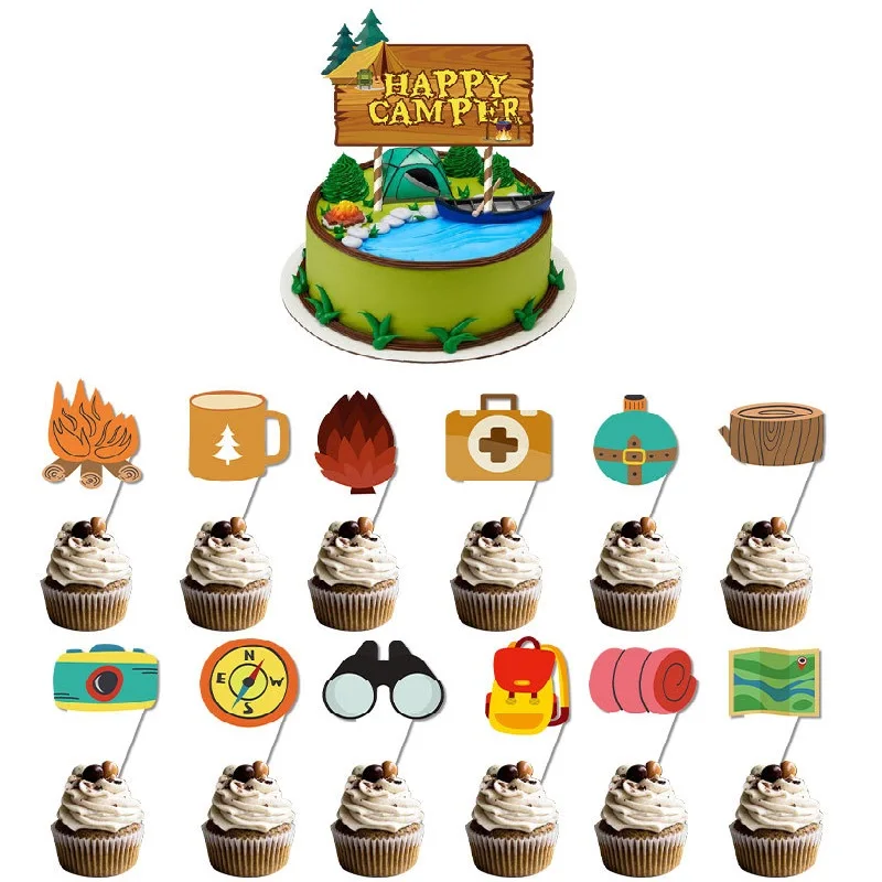 Outdoor Camping Cake Decoration, Happy Camper Cake Insert,Camping Cake Toppers