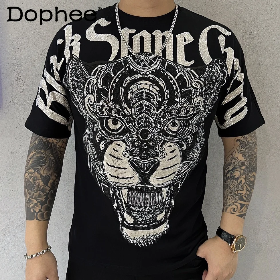 

Summer New Heavy Industry Hot Diamond Printing Round Neck Short-sleeved T-shirt Handsome Men's Fashion Trend Loose Casual Top
