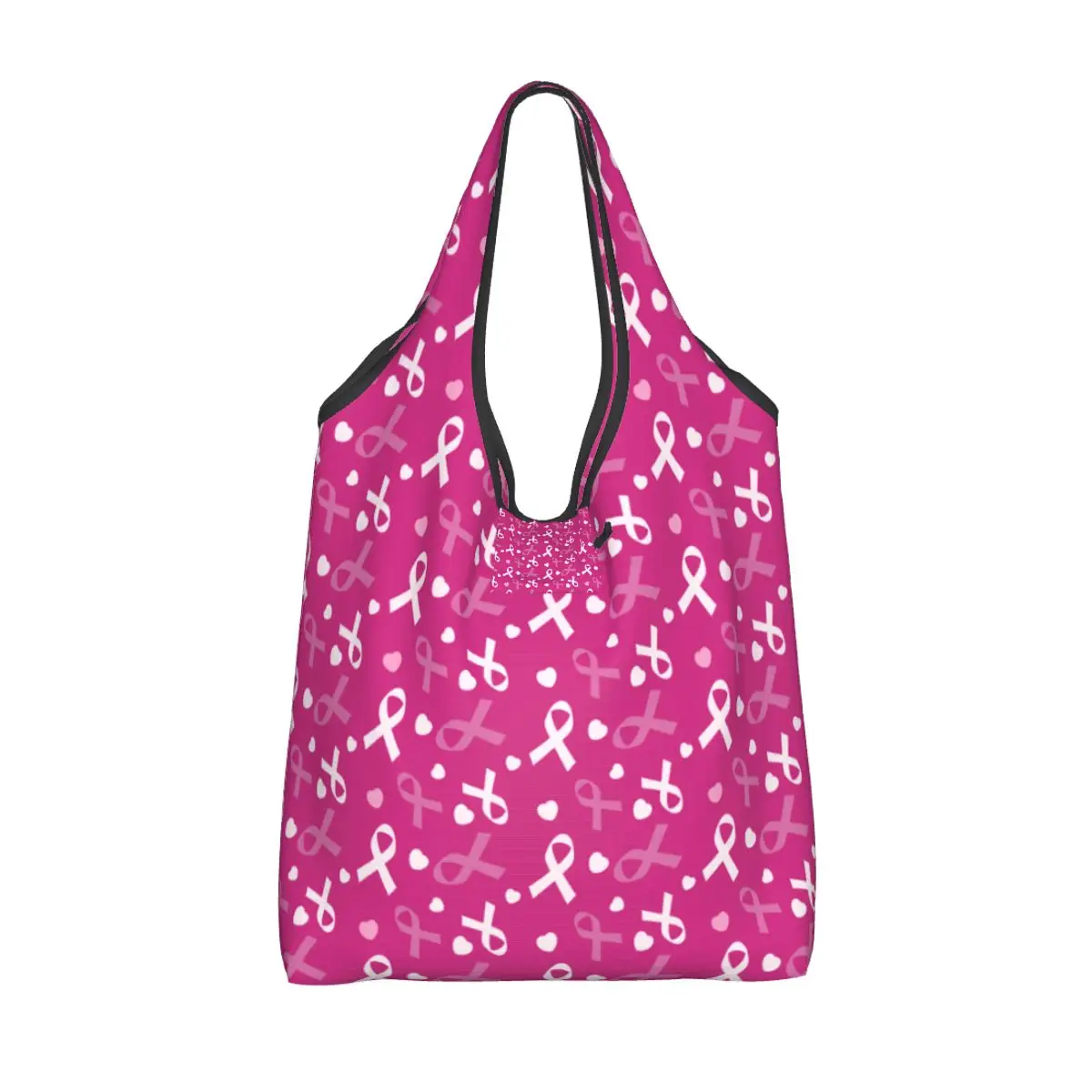 Pink Ribbon Bow Breast Cancer Foldable Reusable Grocery Shopping Bag Eco Tote Handbag for Women Print One Size