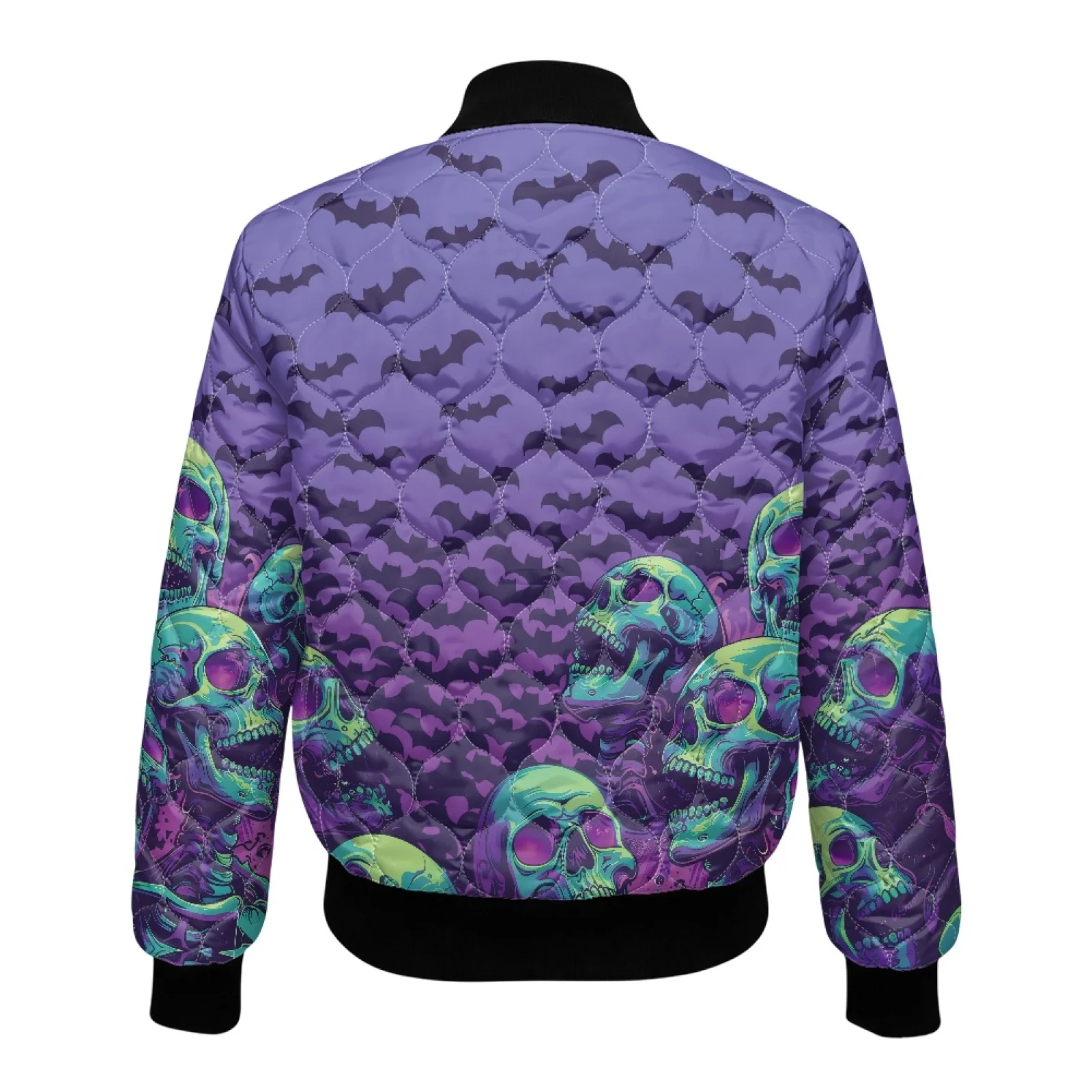 PENSTROLL Purple Bat Skull Ladies Light Warm Quilted Puffer Jacket with Rib Cuffs Comfortable Button down Coats for Party