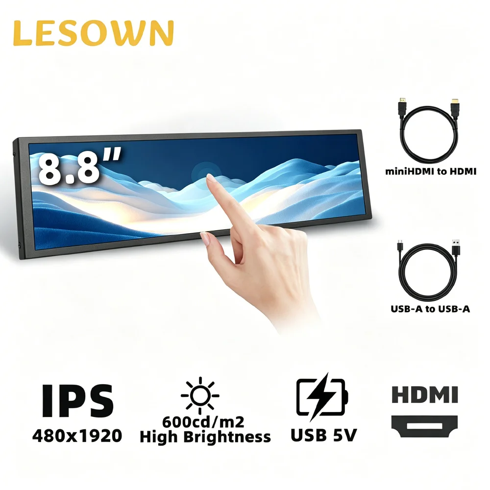 8.8 Inch 480x1920 Touch Screen IPS Bar Monitor PC System Status Display 5V USB HDMI Ultra Slim Metal Eye Care
