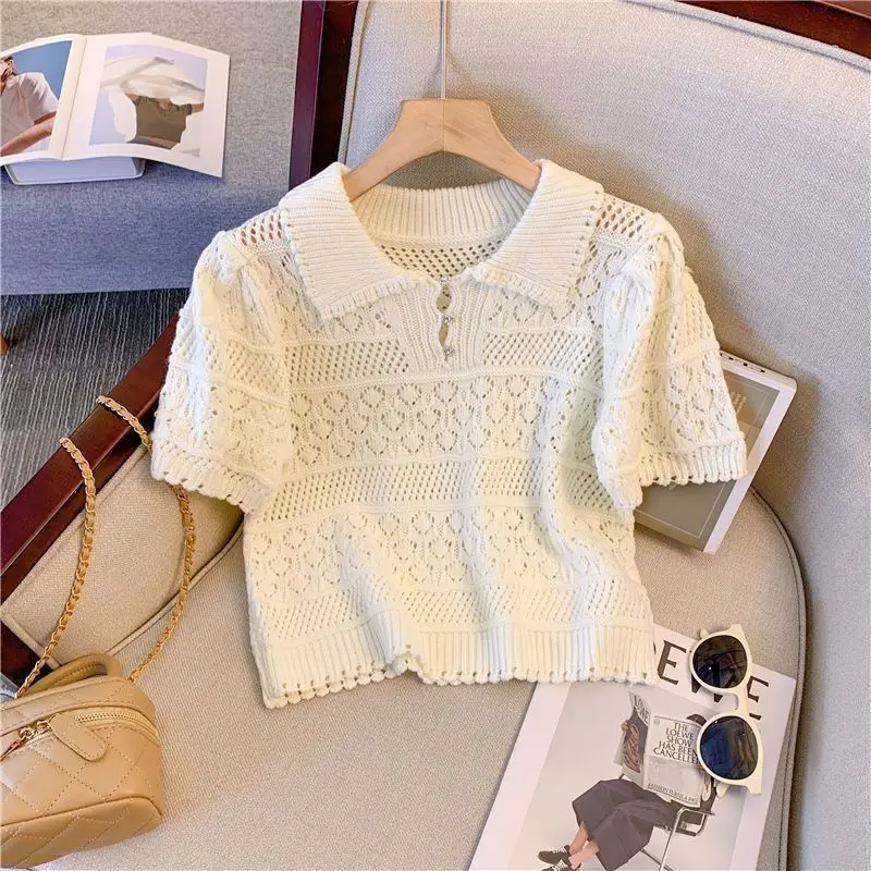 Elegant Hollow out Knitted Top Women's Sweet Loose  Neck T-Shirt Thin Style Upper Body Summer 2025 Fashion Design