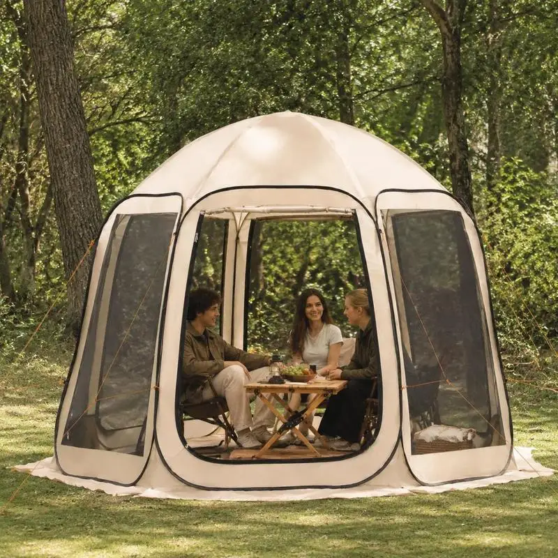 Grande tente pop-up avec auvent étendu et parois en maille, auvent portable avec moustiquaire pour patio, camping, fête, abri facile à installer avec sac de transport, beige, 10x9,2 pieds, capacité 4-8 personnes