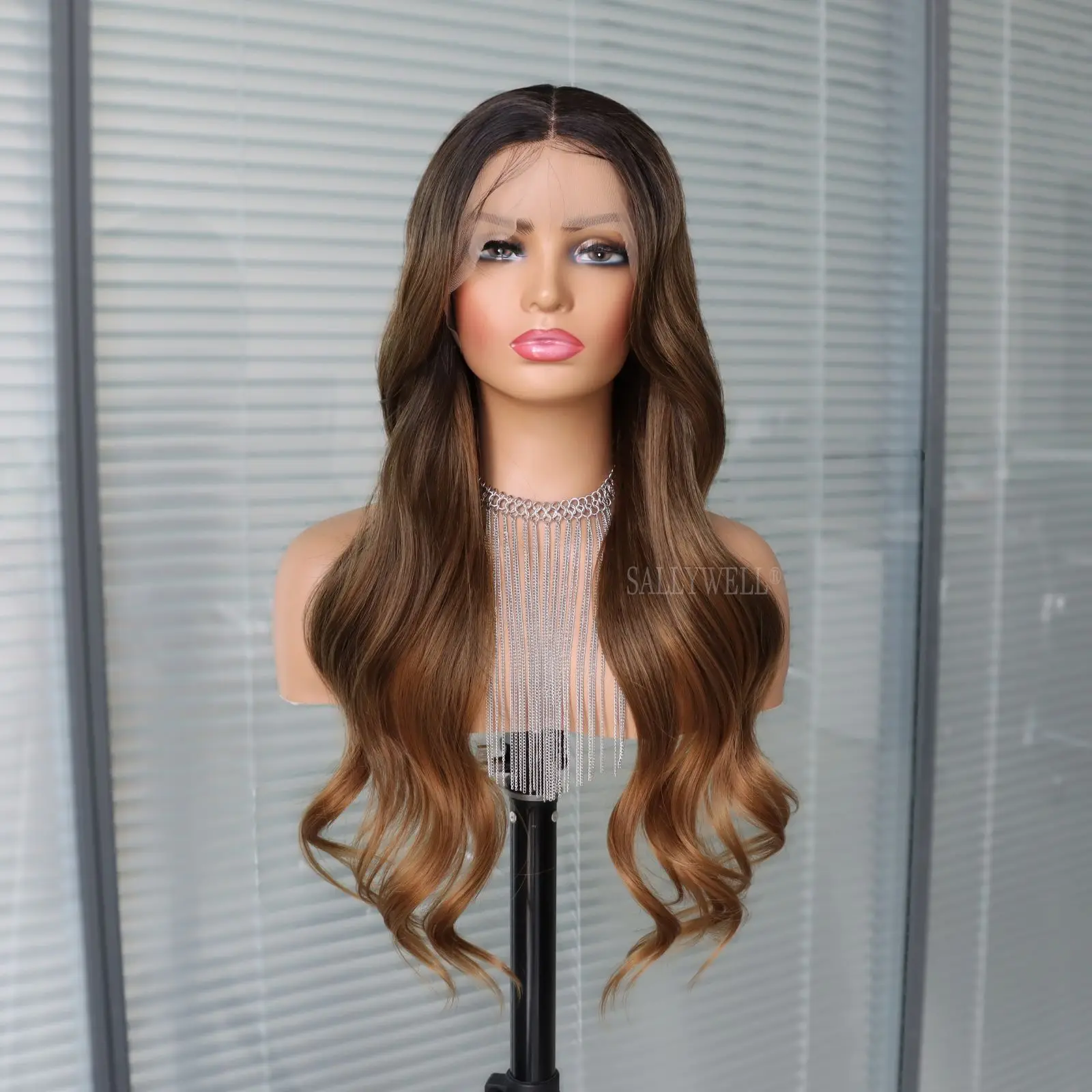 

13×4 Ombre Brown Lace Front Wig with Black Roots Long Wavy Brown Wigs with Highlights Synthetic Lace Front Wigs Pre-plucked Wigs