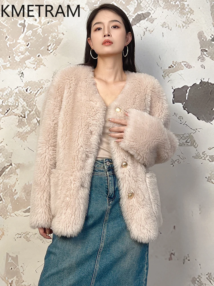 KMETRAM 100% Wool Coat Woman High Quality Furry Jacket Winter Clothes New in Sheep Shearing Jackets 2025 abrigos invierno mujer