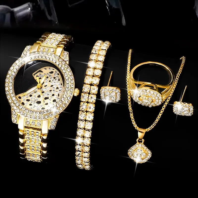 Women Gold Leopard Watch Luxury Fashion Bling Ladies Watches Casual Female Quartz Wristwatch Crystal Diamond For Women Set Clock