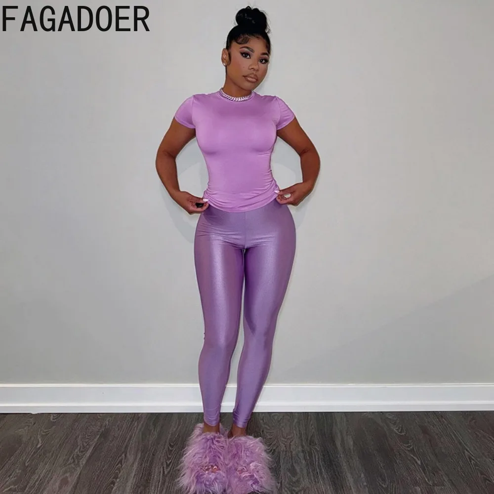 FAGADOER Casual Solid Color Simple Skinny Pants Two Piece Sets Women Round Neck Short Sleeve Slim Tshirt And Pants Outfits 2024