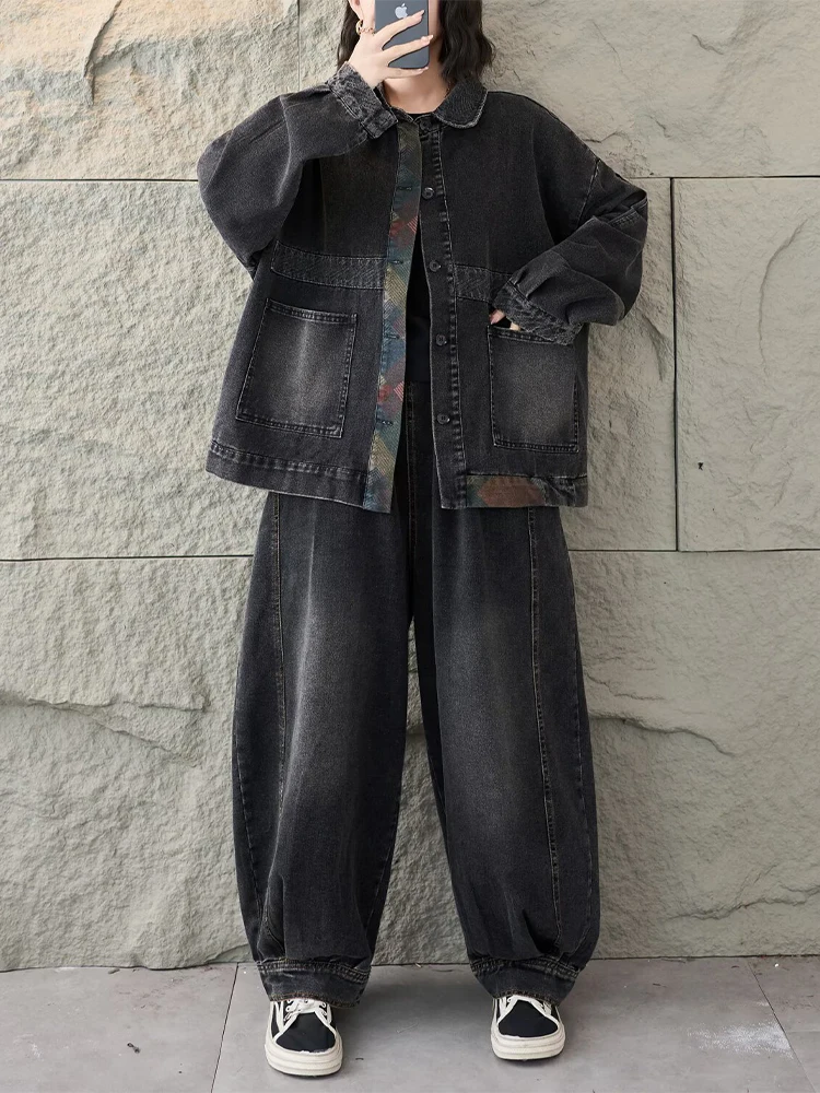 Amax LuluE 2026 الربيع السيدات الكلاسيكية الدنيم 2 قطعة مجموعات موضة الشرير الدعاوى معطف خمر سراويل تقليدية الكورية تصميم فضفاض الجينز #3