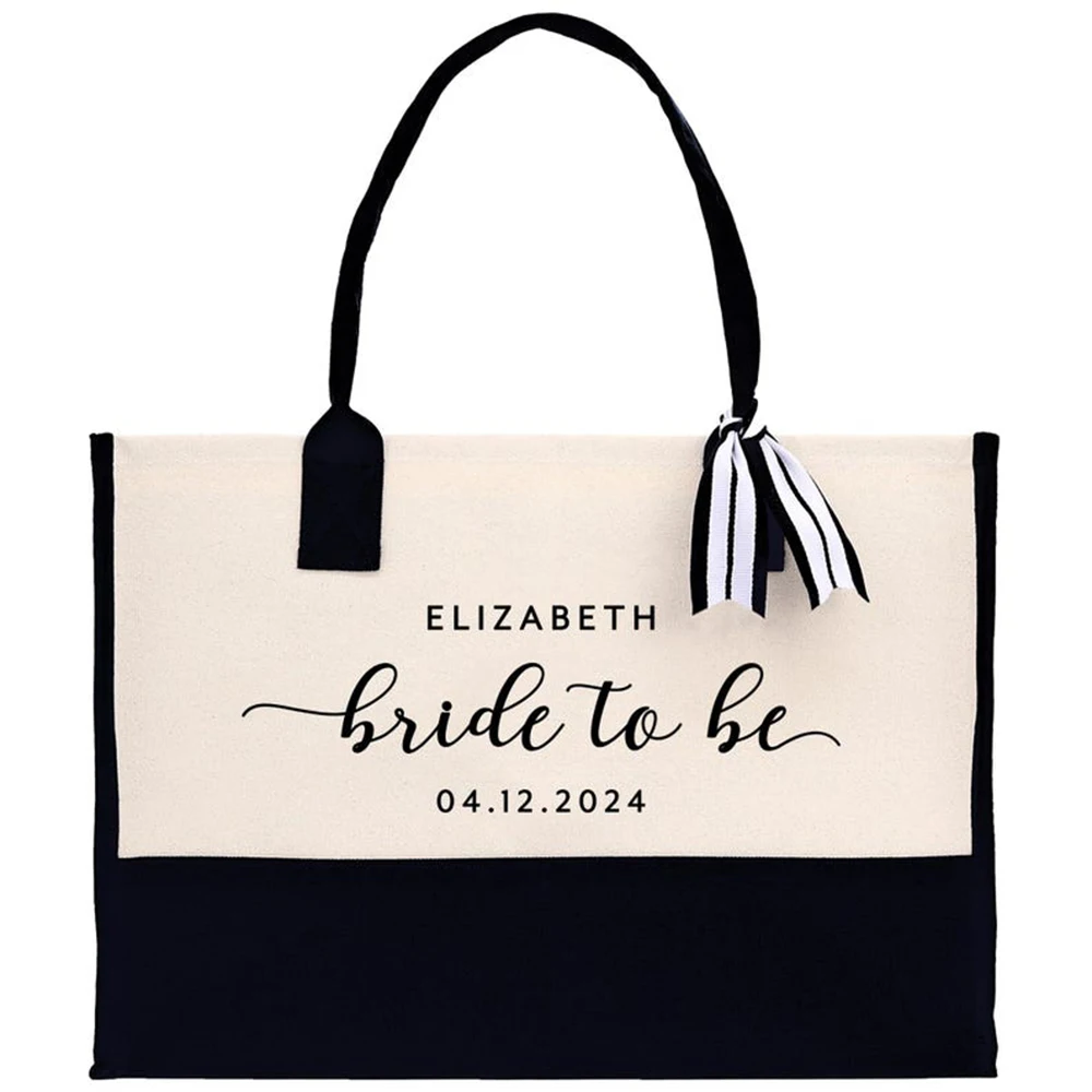 Personalized Wedding Tote Bag Durable Canvas Tote Custom Name Bride Tote Wedding Party Travel Shoulder Handbag Engagement Gift
