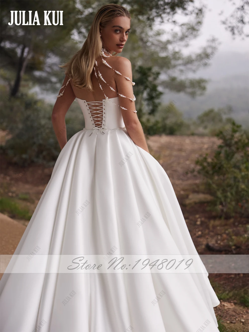 جوليا كوي مخصص الديكور اللؤلؤ الأشرطة الكرة ثوب فساتين الزفاف قبالة الكتف الحبيب الدانتيل يصل فساتين العروس الساتان الفاخرة #5