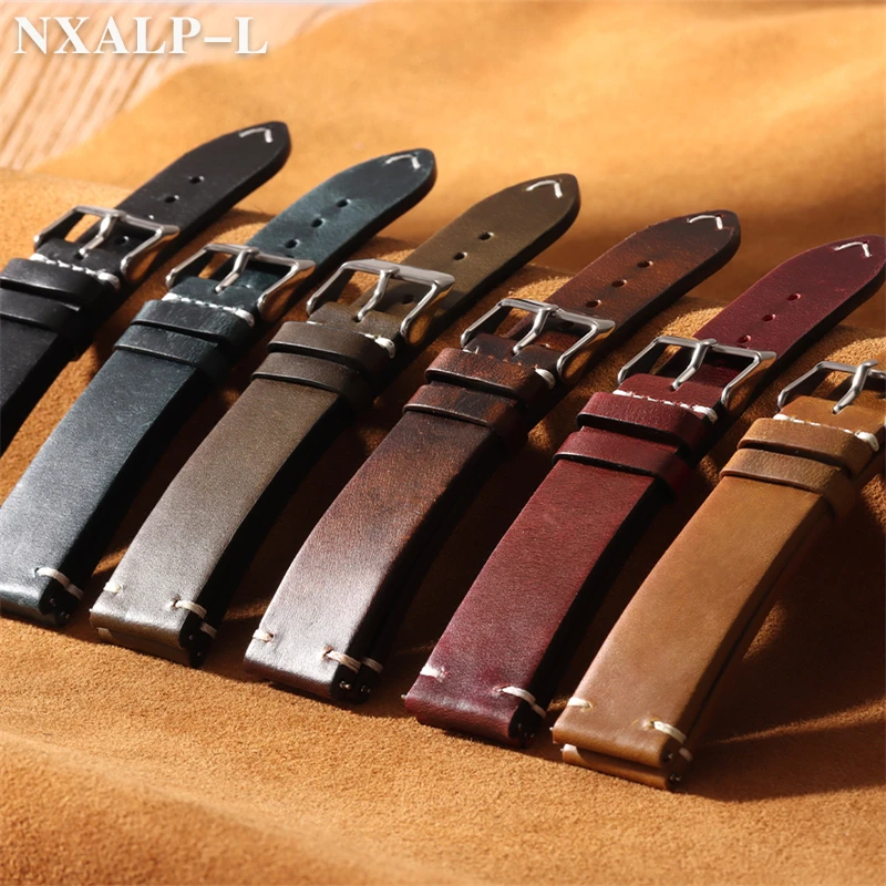 Vintage Oil Wax Leather Watch Band for Omega for Seiko Bracelet Handmade Stitching Cowhide Strap Wristband 18/19/20/21/22/24mm