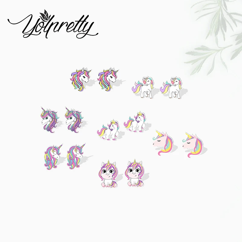 

2022 New Cute Unicorn Cartoon Cute Pegasus Little Rainbow Horse Epoxy Stainless Steel Stud Earrings Handcraft Acrylic Earrings